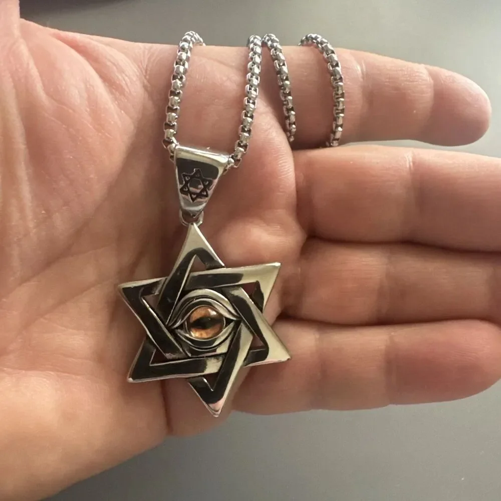Star Of David Evil Eye Stainless Steel Pendant 24” Chain Jewish Religious Israel